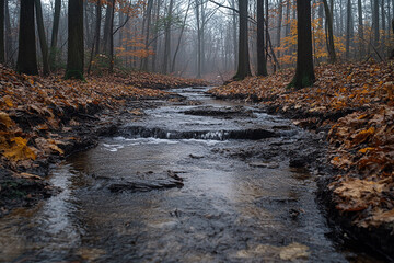 Autumn Stream Flows Through Misty Forest Woods
