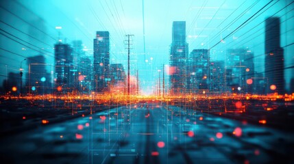 Fototapeta premium Power loss visualized with flickering lights in cities copy space energy crisis surreal double exposure abandoned urban streets backdrop