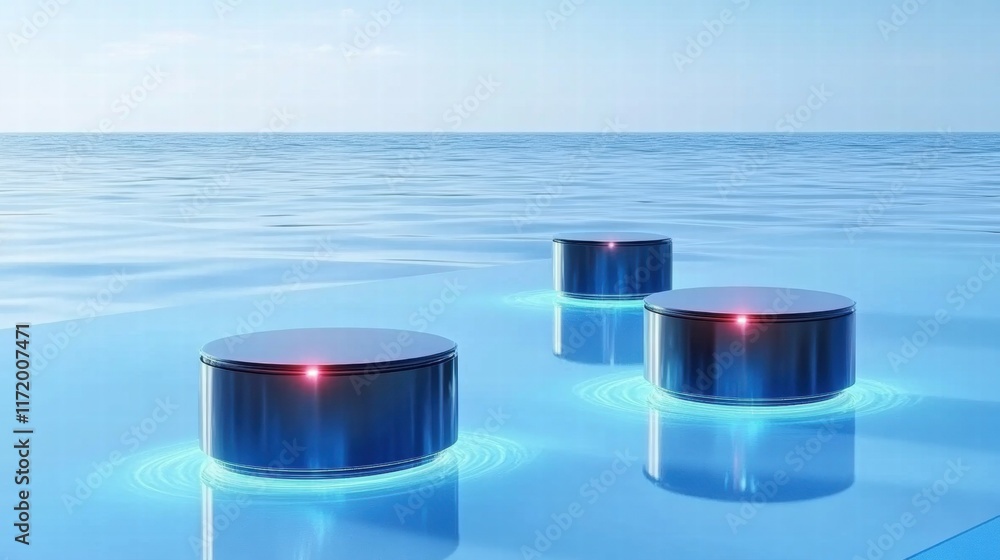 Poster three sleek, illuminated discs floating on a calm water surface, emitting light waves.
