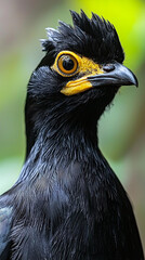 Close-up portrait of a black bird with yellow markings around its eyes and beak.
