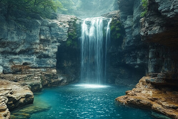 Fototapeta premium Serene Waterfall Cascades into Turquoise Pool Amidst Rocky Cliffs