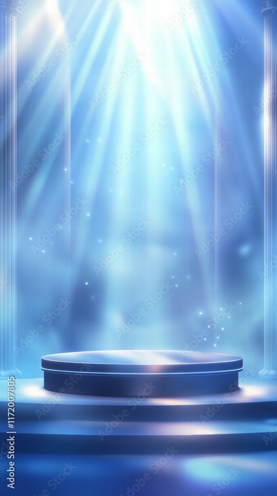Aufkleber a serene, illuminated platform surrounded by soft blue light and ethereal particles.