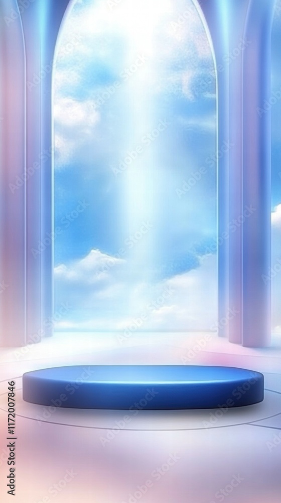 Poster a bright, ethereal space with a circular platform and a heavenly backdrop of clouds.