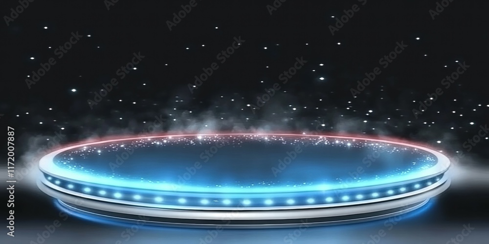 Poster a glowing circular platform with lights and mist, set against a starry background.