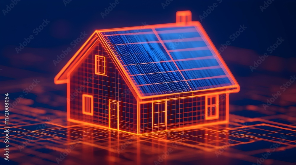 Poster modern home design with solar panels in a futuristic digital network conceptual visualization