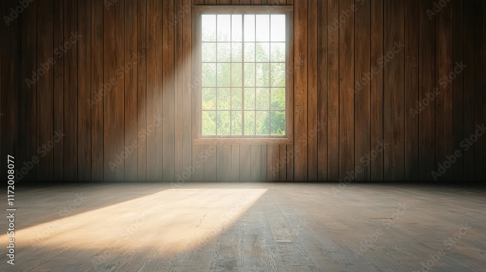 Aufkleber cozy and tranquil empty room featuring warm wooden walls and a bright window allowing natural light 