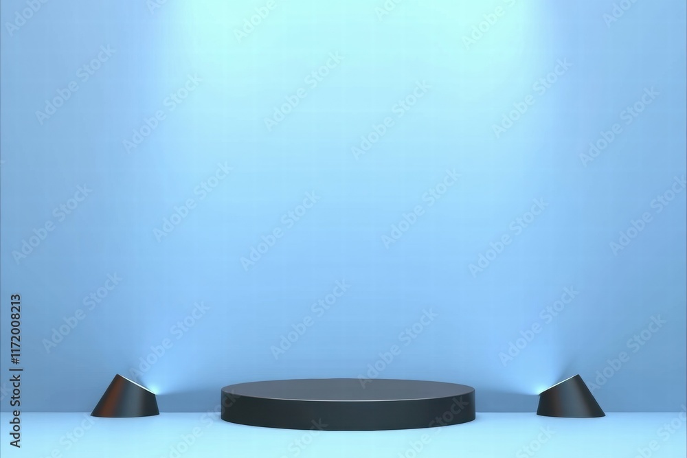 Poster A minimalist stage setup with a circular platform and two angled light sources against a blue backdrop.