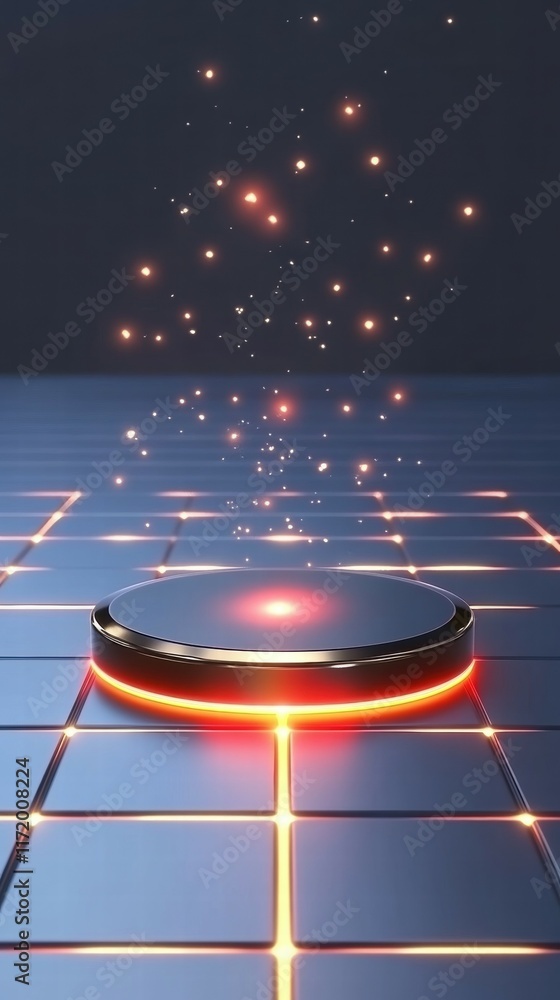 Fototapete A glowing circular object emits sparkling particles above a grid surface.