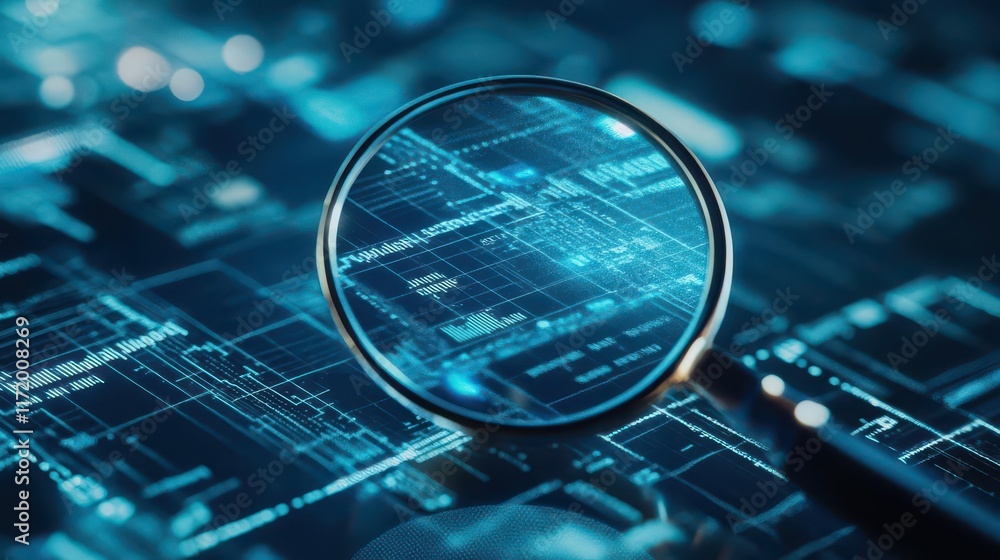 Poster Magnifying Glass Resting on Intricate Blueprint Background Highlighting Details of Design and Engineering in a Creative and Analytical Atmosphere