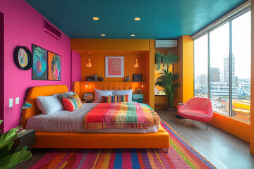 Vibrant Modern Bedroom Decor Featuring Bold Colors And City Views