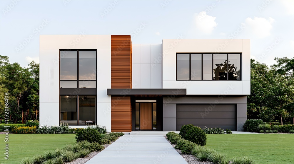 Poster modern minimalist house with large windows and elegant landscape in a serene suburban setting