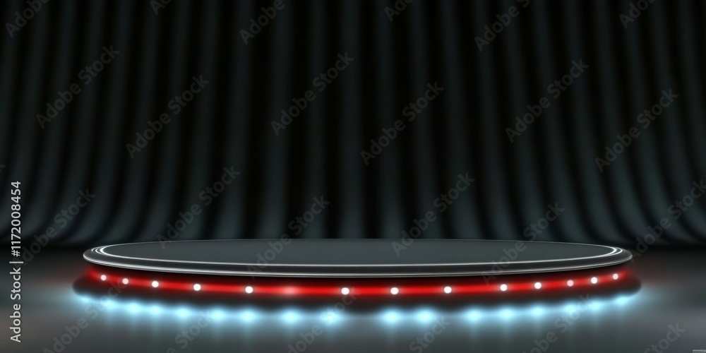 Poster a circular stage with illuminated edges set against dark, draped curtains for performances.
