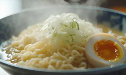 Steaming bowl of hot ramen noodles with egg and green onions.