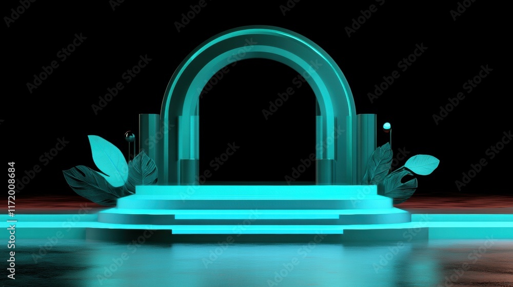 Poster a futuristic stage design featuring glowing elements and tropical leaves for events or presentations