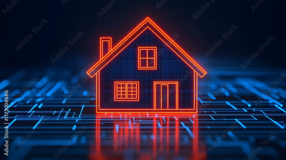 Poster digital outline of a modern home on a futuristic tech background with blue pattern and neon glow eff
