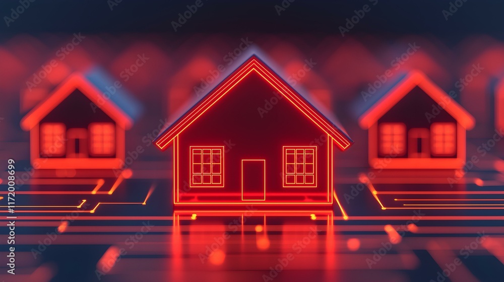 Poster illuminated house model on circuit board background representing smart home technology and digital i