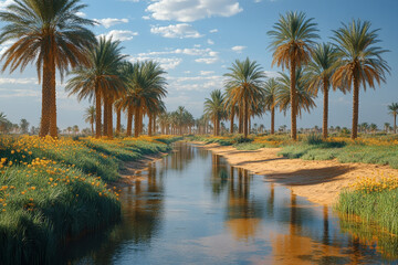 Palm trees line a tranquil desert waterway