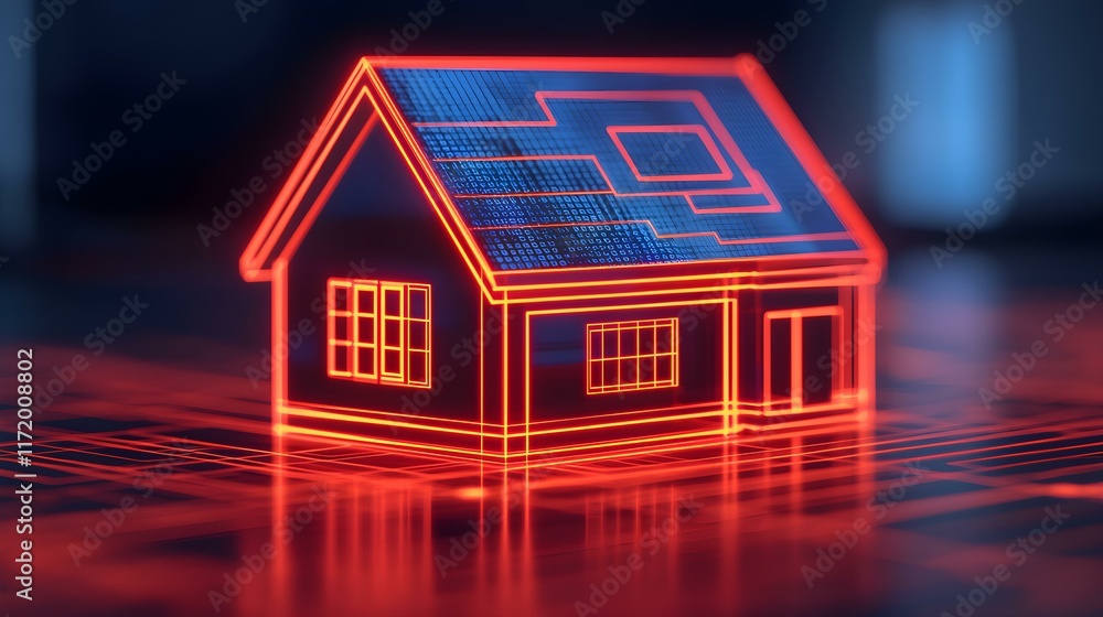 Poster futuristic digital house with glowing red lines and solar panels, representing modern architecture a