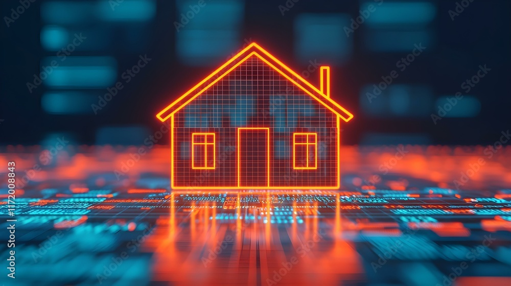 Poster digital representation of a house over a glowing data network background showcasing modern technolog