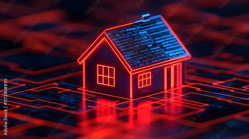 Poster digital representation of a home on a glowing circuit board background illustrating technology and i