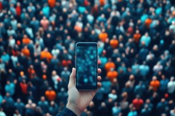 Smartphone held up in a crowd of digital avatars, online, symbolizing live audience interaction on social media