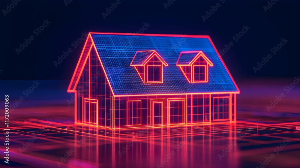 Poster futuristic digital house model with neon glow representing smart home technology and modern architec