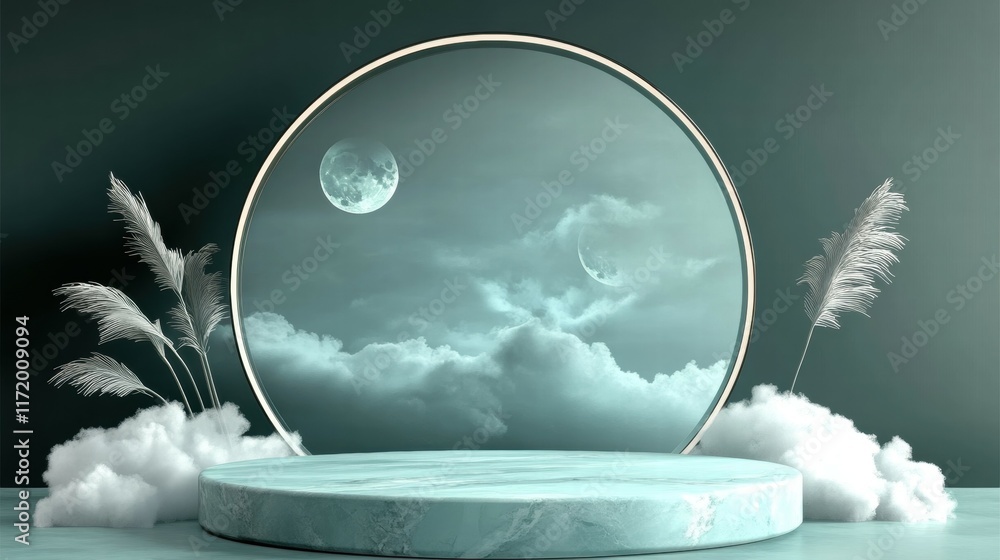 Poster Ethereal scene featuring a circular frame, clouds, and moons, creating a dreamy atmosphere.
