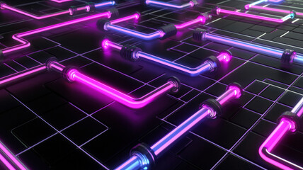 Obraz premium A dynamic flowchart with glowing arrows and connections, resembling holographic pipes filled with flowing light, displayed over a dark textured grid for a futuristic effect.