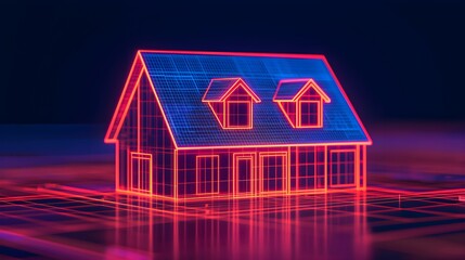 Futuristic Digital House Model with Neon Glow Representing Smart Home Technology and Modern Architecture Concepts