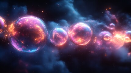 Glowing orbs floating in cosmic nebula.