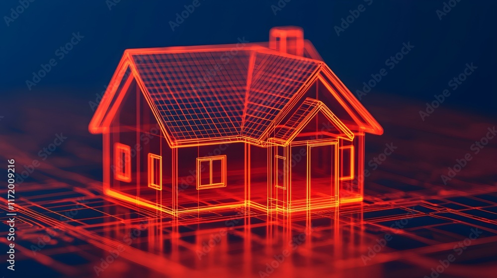Poster neon of a transparent house model on a digital blueprint background conceptualizing smart home desig