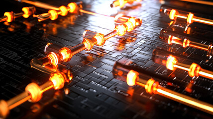 A dynamic flowchart with glowing arrows and connections, resembling holographic pipes filled with flowing light, displayed over a dark textured grid for a futuristic effect.