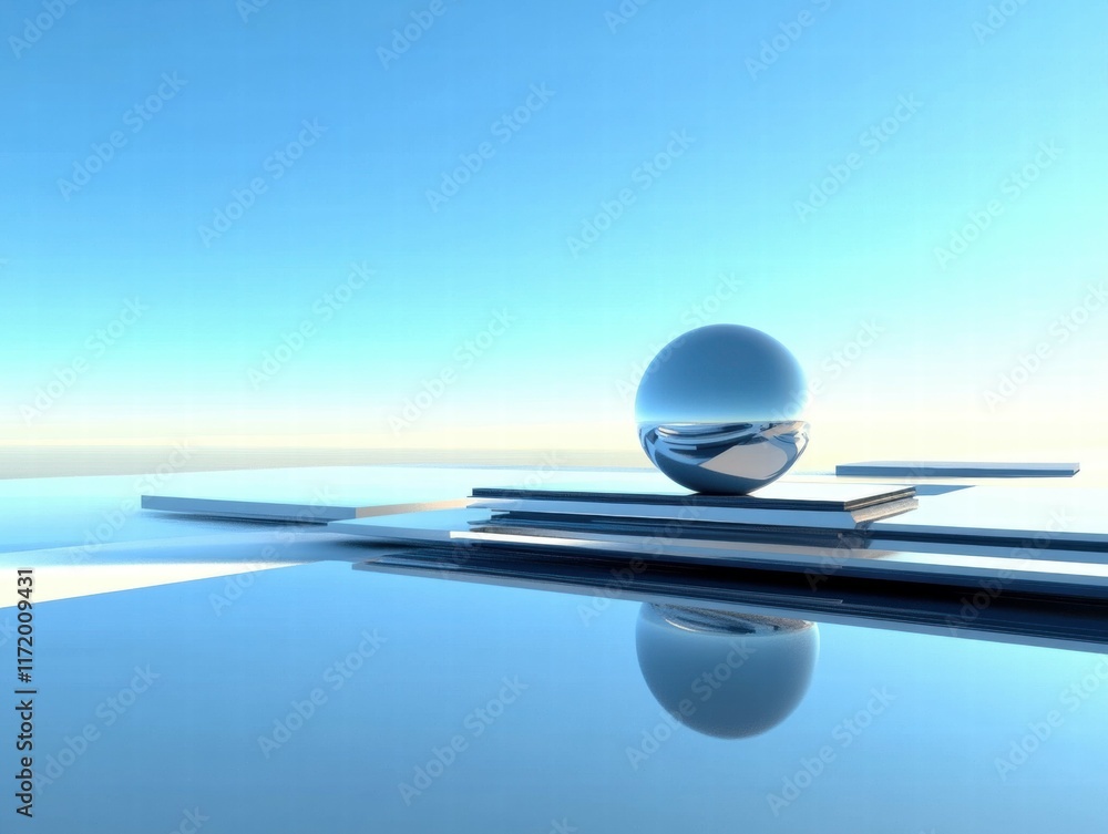 Poster a serene digital landscape featuring a reflective sphere on a minimalist platform.