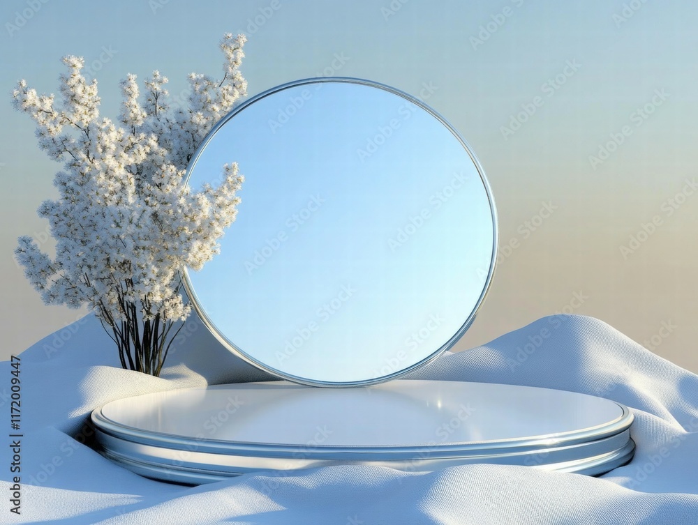 Poster a serene scene featuring mirrors and snowy foliage, evoking tranquility and reflection.