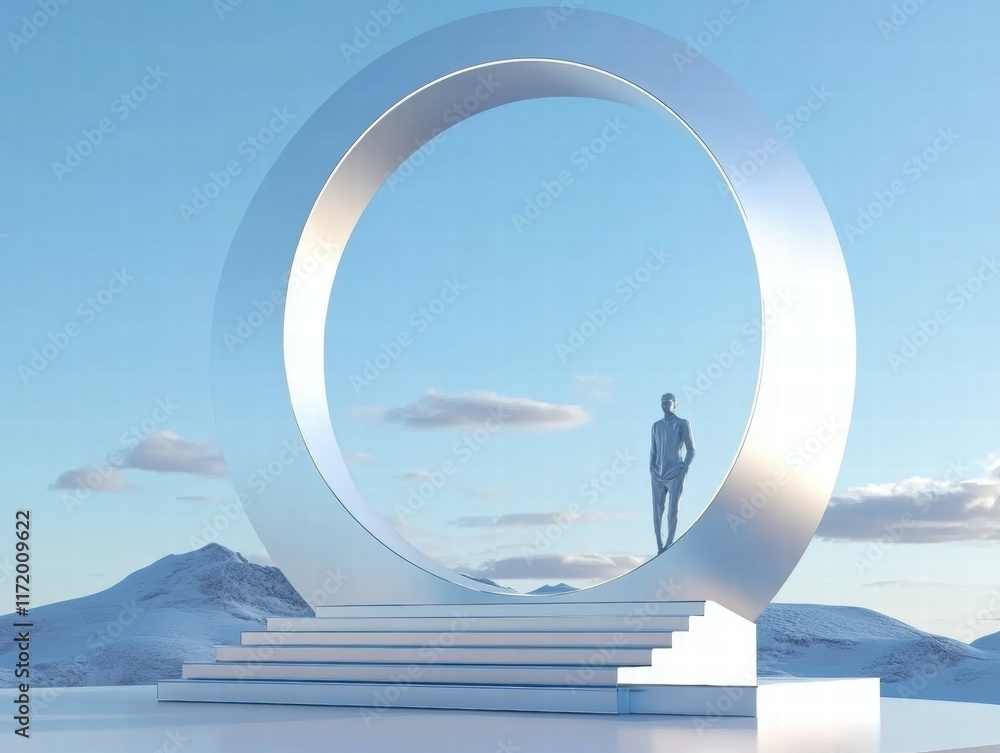 Leinwandbilder a futuristic sculpture featuring a figure standing within a large circular frame on steps.