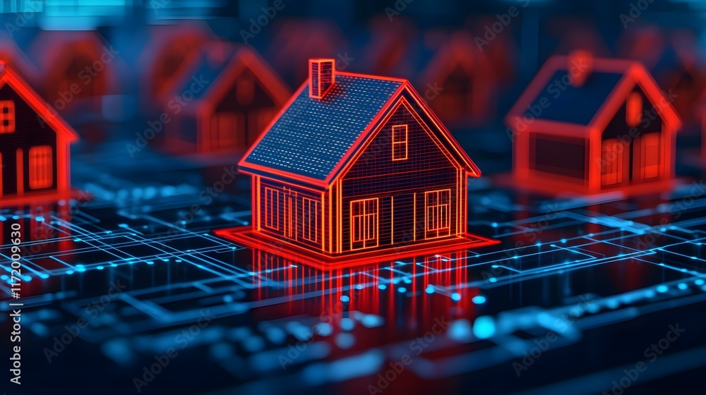 Poster of abstract digital house models with futuristic technology background and neon colors in a virtual 