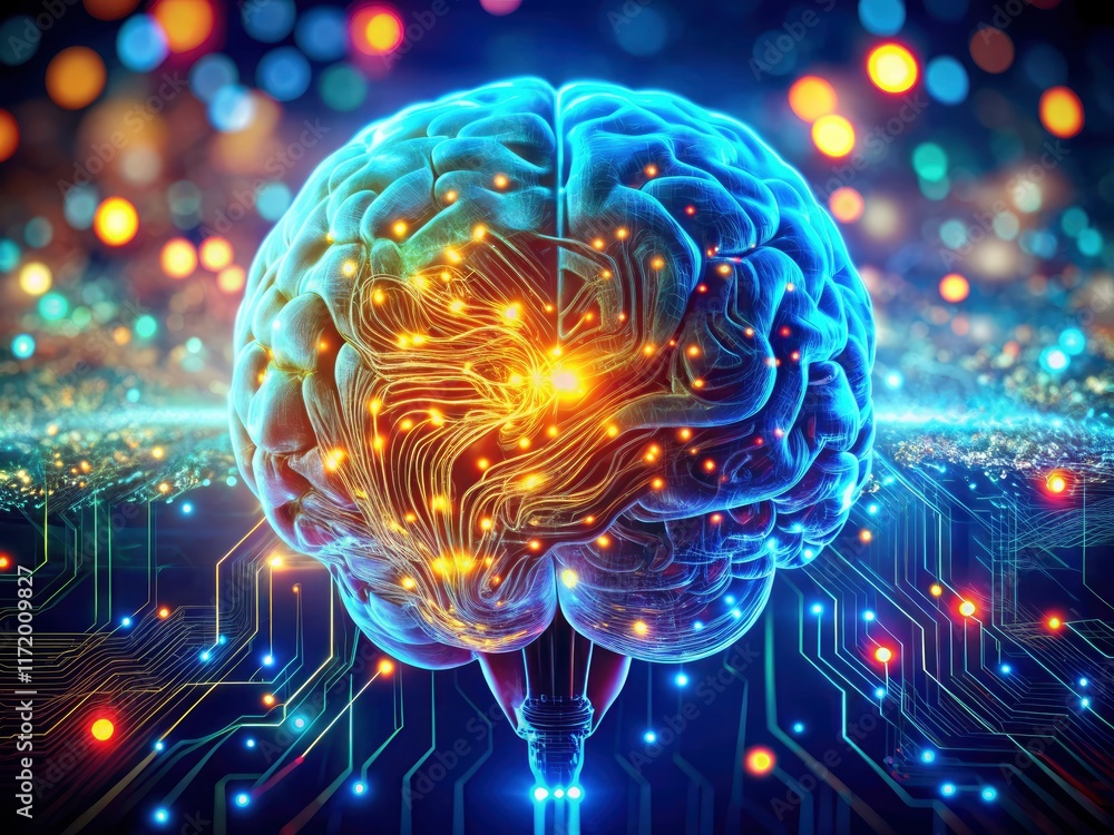 Poster glowing neural network simulates a futuristic ai brain, showcasing digital circuitry and advanced te