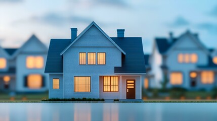 Beautiful Model House with Warm Lighting in Front of Soft Focus Neighborhood at Dusk