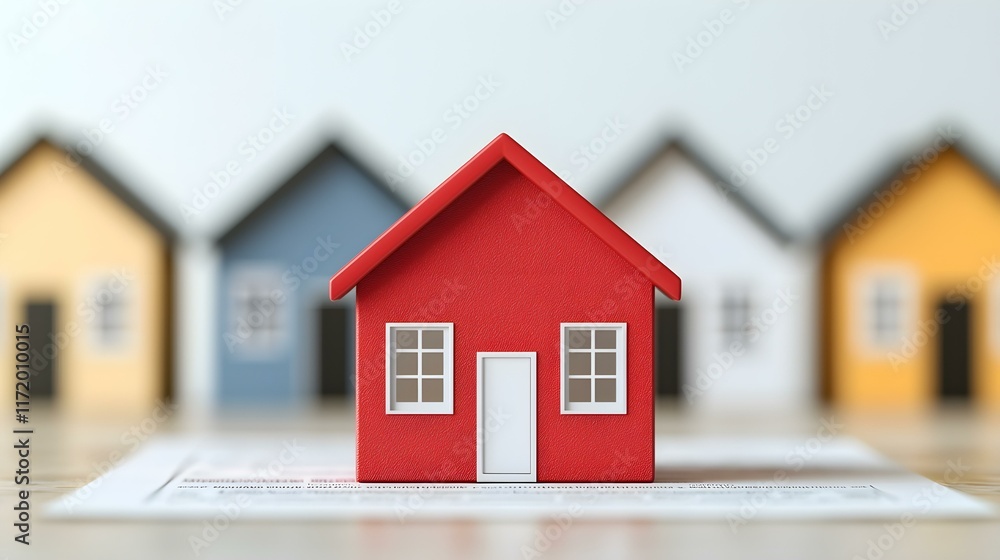 Poster tiny red house model surrounded by colorful houses on table with paper documents in soft focus backg