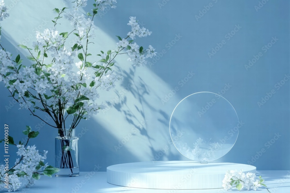 Poster a serene display featuring a clear circular object and a vase of white flowers in soft lighting.