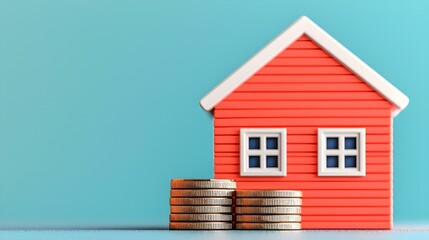 Miniature house model with stacked coins on a blue background representing real estate investment and financial growth
