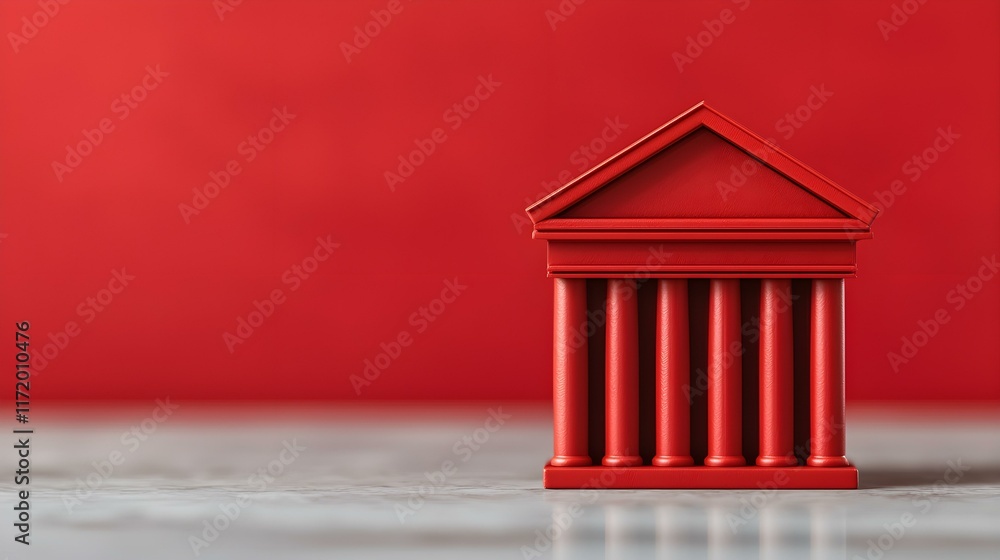 Poster miniature red building with columns against a bold red background representing architecture and desi