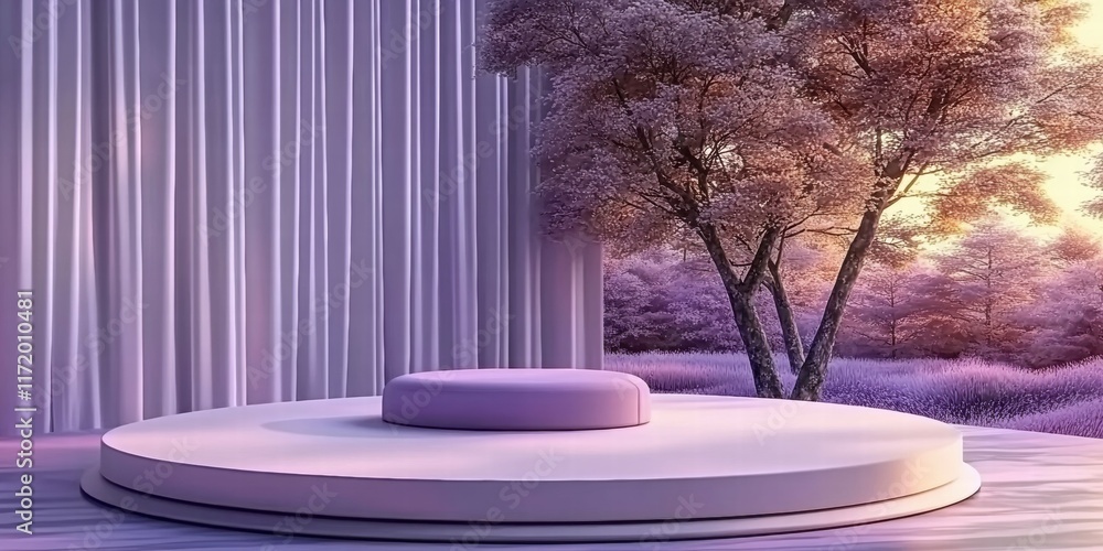 Aufkleber a serene, purple-themed space with a circular platform and a backdrop of a flowering tree.