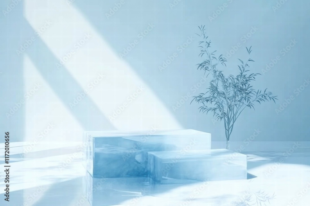 Aufkleber a serene, minimalist space featuring ice-like structures and a single plant, emphasizing tranquility