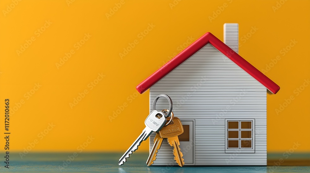 Poster miniature house model with keys on colorful background representing home ownership and real estate c