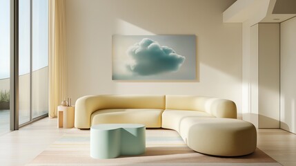 Generative AI, Bright minimalist living room with pastel tones and a curved lemon yellow sofa