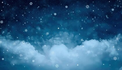 Obraz premium Magical Winter Night Sky with Snowflakes Falling over Soft Clouds, Perfect for Seasonal Backgrounds, Holiday Designs, and Winter Themes