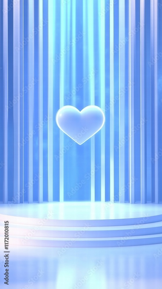 Poster a glowing heart symbol against a blue backdrop with vertical light rays.
