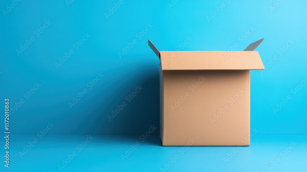 Poster empty cardboard box on a bright blue background showcasing minimalistic design and space for creativ