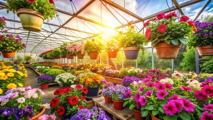 Greenhouse brimming with spring petunias!  Visit our florist for vibrant colors.